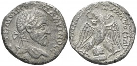 Macrinus, 217-218 Tetradrachm Emesa (Seleucis and Pieria) circa 217-218, AR 25mm., 13.39g. Laureate head r. Rev. Eagle standing facing, wings spread, ...