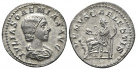 Julia Soemias, mother of Elagabalus Denarius circa 220-222, AR 18mm., 2.82g. Draped bust r. Rev. Venus seated l. on throne, holding apple and sceptre;...