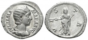 Julia Mamaea, mother of Severus Alexander Denarius circa 222-235, AR 21mm., 2.82g. Diademed and draped bust r. Rev. VESTA Vesta standing l., holding p...