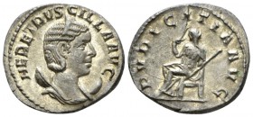 Herennia Etruscilla, wife of Trajan Decius. Antoninianus 249-253, AR 20mm., 2.78g. Diademed and draped bust r. Pudicitia, veiled, seated l., drawing v...