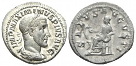 Maximinus I, 235-238 Denarius circa 235-236, AR 20.5mm., 2.93g. Laureate, draped and cuirassed bust r. Rev. Salus seated l., feeding serpent rising fr...