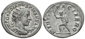 Gordian III, 238-244 Antoninianus Antioch circa 243-244, AR 24mm., 4.72g. Radiate and cuirassed bust r. Rev. Mars running l. holding branch, spear and...