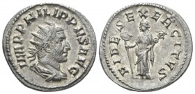 Philip I, 244-249 Antoninianus circa 248-249, AR 22mm., 4.92g. Radiate, draped and cuirassed bust r. Rev. Fides standing l., holding standard and vexi...