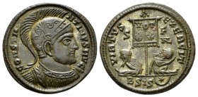 Constantine I, 307-337 Follis Siscia circa 320, Æ 19mm., 3.40g. Helmeted and cuirassed bust r. Rev. Standard inscribed VOT XX, bound captive seated to...