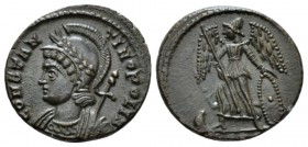 Constantine I, 307-337 Follis Lugdunum after 337, Æ 16mm., 2.22g. Laureate and helmeted bust of Constantinopolis l. Rev Victory standing left on prow,...