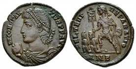 Constantius II, 337-361 Follis circa 348-350, Æ 20mm., 3.68g. Pearl diademed, draped and cuirassed bust l., holding globe. Rev. Emperor advancing l., ...