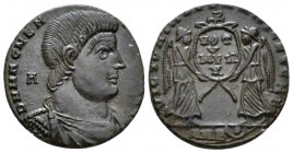 Magnentius, 350-353 Follis Amiens circa 350-353, Æ 21mm., 4.13g. Bareheaded, draped and cuirassed bust r.; A behind. Rev. Two Victories facing each ot...