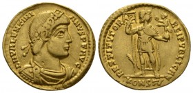 Valentinian I, 364-375 Solidus Arles circa 364-367, AV 19mm., 4.31g. Rosette diademed, draped and cuirassed bust r. Rev. Emperor standing facing in mi...