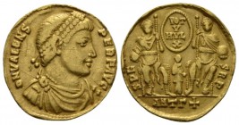 Valens, 364-378 Solidus Antioch circa 369, AV 19mm., 3.81g. Pearl-diademed, draped, and cuirassed bust r. Rev. Valentinian and Valens nimbate, seated ...