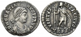 Gratian, 367-383 Light Miliarense circa 367-375, Æ 25mm., 4.02g. Diademed, draped and cuirassed bust r. Rev. Emperor standing facing, head l., holding...