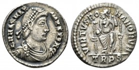 Magnus Maximus, 383-388 Siliqua Trier circa 383-388, AR 16mm., 1.78g. Pearl-diademed, draped and cuirassed bust r. Rev. Roma enthroned facing, head l....