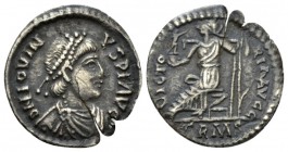 Jovinus, 411-413 siliqua circa 411-413, AR 16mm., 1.36g. Pearl-diademed, draped, and cuirassed bust r. Rev. Roma seated left on stylized cuirass, hold...