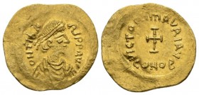 Maurice Tiberius, 582 – 602. Tremissis Constantinopolis 583-602, AV 17mm., 1.46g. Diademed, draped and cuirassed bust r. Rev. Cross potent. DO 14. MIB...