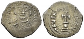 Constans II, 641-678. Hexagram Constantinopolis 647-651, AR 24mm., 3.98g. Bearded bust facing, wearing crown with cross on circlet and chlamys, and ho...