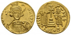 Constantine IV Pogonatus with Heraclius and Tiberius, 668-685. Solidus Constantinopolis 674-681, AV 19mm., 4.33g. Helmeted and cuirassed bust facing s...