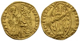 Venezia, Antonio Venier, 1382-1400. Ducato 1382-1400, AV 20.1mm., 3.48g. St. Mark standing right, presenting banner to kneeling Doge / Christ the Rede...