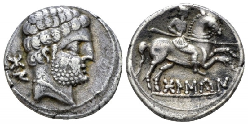 Hispania, Bolscan, Osca. Denarius circa 150-100, AR 18mm., 3.67g. Bearded male h...