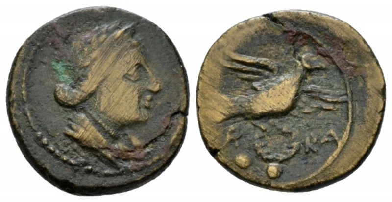 Apulia, Orra Biunx circa 210-150 BC, Æ 16.5mm., 2.74g. Bust of Venus r., wearing...