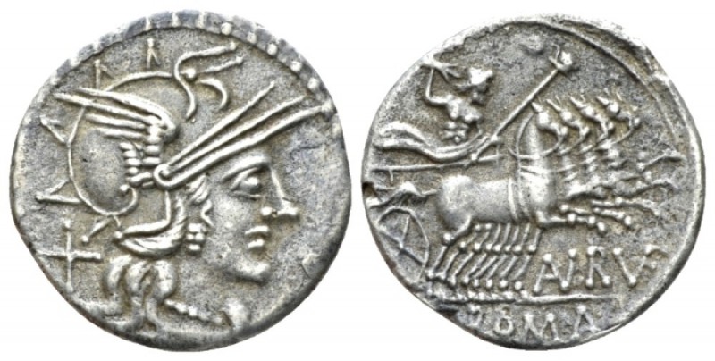 T. Annius Rufus. Denarius 144, AR 29mm., 3.12g. Helmeted head of Roma r.; behind...