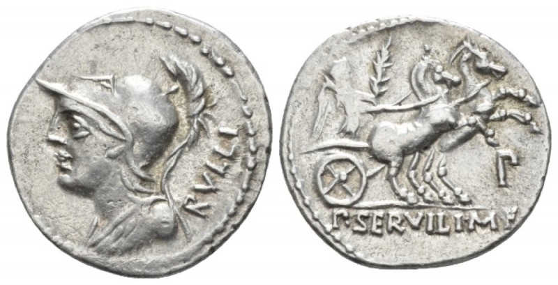 P. Servilius M.f. Rullus. Denarius circa 100, AR 20mm., 3.83g. Helmeted bust of ...