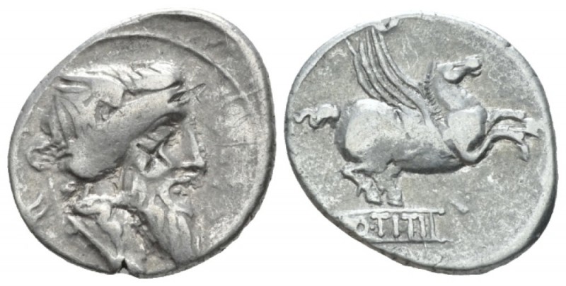 Q. Titius. Denarius 90, AR 19mm., 3.89g. Head of Mutinus Titinus r., wearing win...