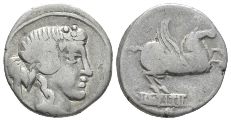 Q. Titius. Denarius 90, AR 16.5mm., 3.70g. Head of Liber r., wearing ivy wreath,...