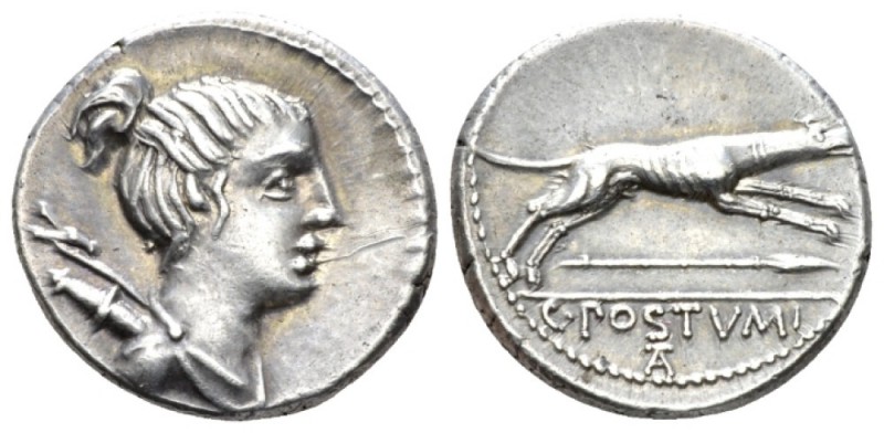 C. Postumius. Denarius 74, AR 18mm., 4.07g. Draped bust of Diana r., with bow an...