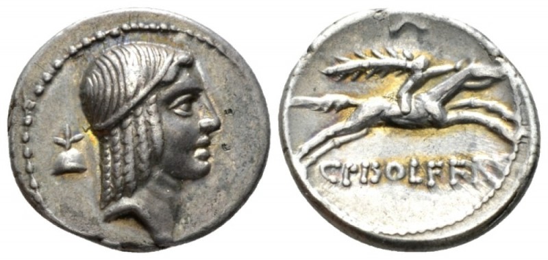 C. Calpurnius L.f. Frugi. Denarius 67, AR 18mm., 3.55g. Head of Apollo r., hair ...