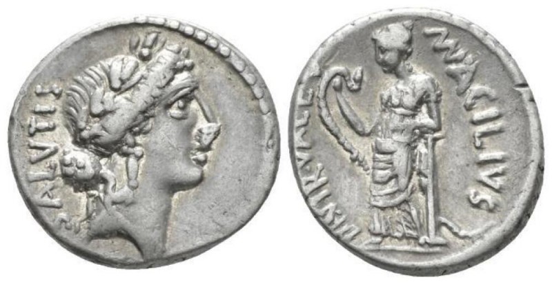 Mn. Acilius Glabrio. Denarius 49, AR 18mm., 3.88g. SALVTIS (upwards) Laureate he...