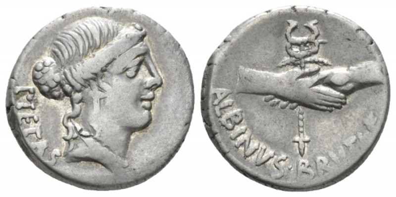 D. Iunius Brutus Albinus. Denarius 48, AR 17.5mm., 3.76g. PIETAS Head of Pietas ...