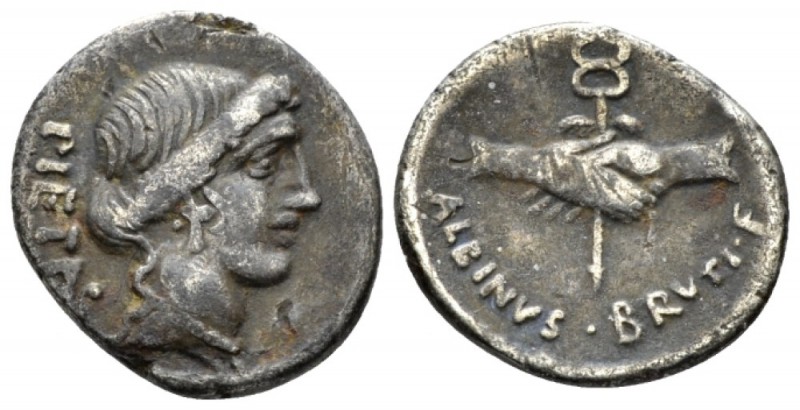 D. Iunius Brutus Albinus. Denarius 48, AR 18mm., 3.60g. PIETAS Head of Pietas r....