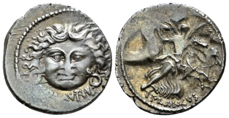 L. Plautius Plancus. Denarius circa 47, AR 19.5mm., 3.98g. Head of Medusa facing...