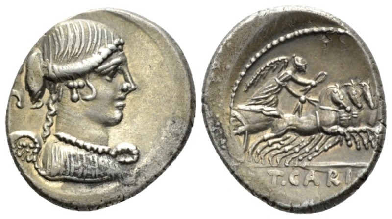 T. Carisius. Denarius circa 46, AR 18mm., 4.18g. Draped bust of Victory r.; behi...