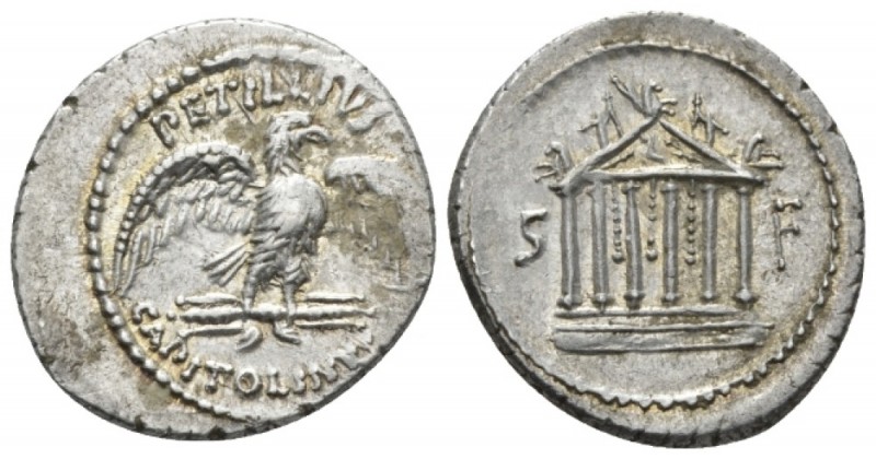 Petillius Capitolinus. Denarius 43, AR 19.5mm., 3.79g. PETILLIVS Eagle on thunde...