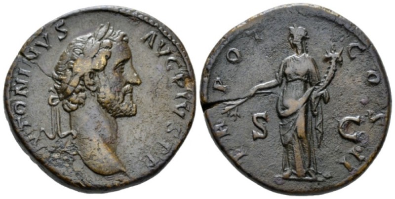 Antoninus Pius, 138-161 Sestertius circa 139, Æ 33mm., 27.36g. Laureate head r. ...