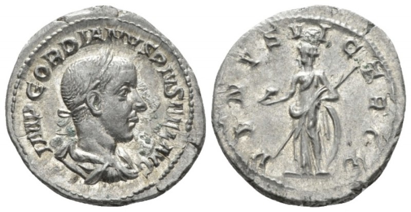 Gordian III, 238-244 Denarius circa 241, AR 20.5mm., 2.94g. Laureate, draped and...