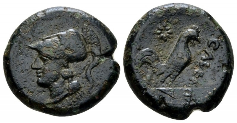 Campania, Cales Bronze circa 265-260, Æ 21.5mm., 7.42g. Head of Athena l., weari...