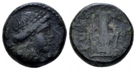 Campania, Capua Bronze circa 216-211, Æ 15mm., 3.71g. Laureate head of Apollo r. Rev. KAPV in oscan Lyre with strap. SNG ANS 222. Historia Numorum Ita...