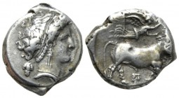 Campania, Neapolis Didrachm circa 320-300, AR 19mm., 7.52g. Diademed head of nymph r.; behind, grapes. Rev. Man-headed bull advancing r., crowned by N...