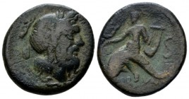 Apulia, Brundisium Semis II cent, Æ 22mm., 7.83g. Laureate head of Neptune r., crowned by a flying Victory r. on trident. Rev. Oecist riding dolphin l...