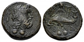 Apulia, Brundisium Sextans II cent., Æ 15mm., 2.21g. Wreathed head of Neptune r.; behind, Nike standing r. on trident, crowning him with wreath; two p...