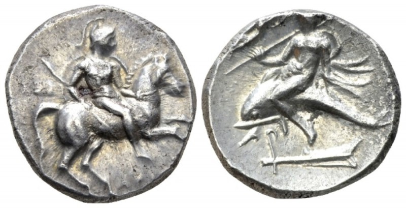 Calabria, Tarentum Nomos circa 272-240, AR 19mm., 6.49g. Horseman r., holding sp...