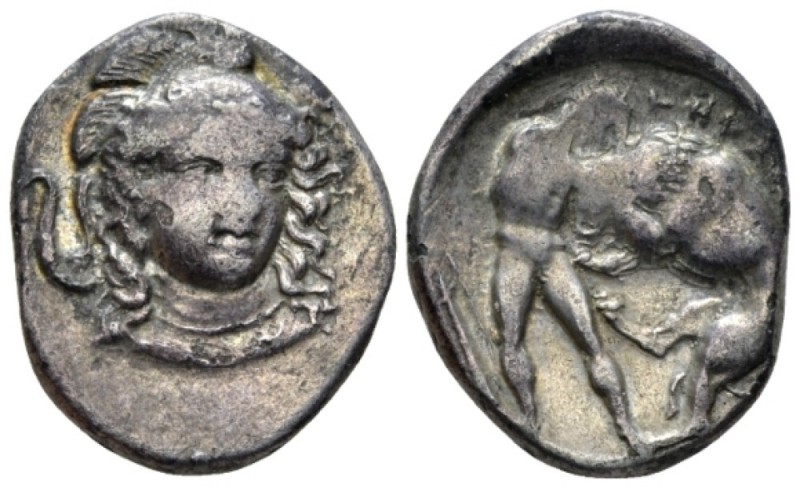 Lucania, Heraclea Nomos circa 360-350, AR 20.3mm., 7.48g. Helmeted head of Athen...