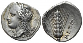 Lucania, Metapontum Nomos circa 330-290, AR 22mm., 7.87g. Wreathed head of Demeter l.; below chin, [ΔΩ]PI. Rev. Barley ear of seven grains with leaf t...