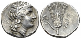 Lucania, Metapontum Nomos circa 290-280, AR 22.5mm., 7.56g. Head of Demeter r. Rev. Ear of barley with leaf on l., above which wing. Johnston-Noe D 3....