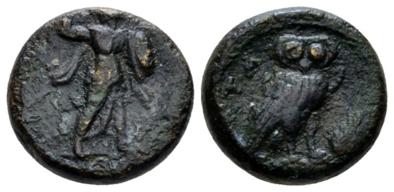 Lucania, Metapontum Bronze circa 250-200, Æ 13mm., 3.22g. Athena advancing r. Re...