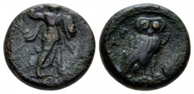 Lucania, Metapontum Bronze circa 250-200, Æ 13mm., 3.22g. Athena advancing r. Rev. Owl standing on barley-ear. Johnston 68. Historia Numorum Italy 170...