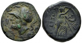 Bruttium, Brettii Double unit circa 208-203 BC, Æ 25.8mm., 16.06g. Head of Ares l., wearing crested Corinthian helmet; within wreath. Rev. Athena stan...
