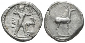 Bruttium, Caulonia Nomos circa 475-425, AR 21mm., 8.06g. Bruttium, Caulonia Nomos circa 475-425 BC, AR 20mm, 8.06g. Apollo, diademed, walking r., hold...