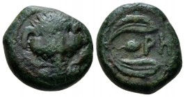 Bruttium, Rhegium Pentonkion (?) circa 425-410, Æ 17.5mm., 5.49g. Facing lion-mask. Rev. PH between two leaves of olive-sprig. SNG ANS 680. Historia N...
